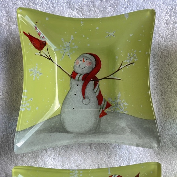 Susan Winget Square 5 set Glass Bowl JOY Candy Cane Snowman Cardinal Candy Salad - Picture 5 of 9